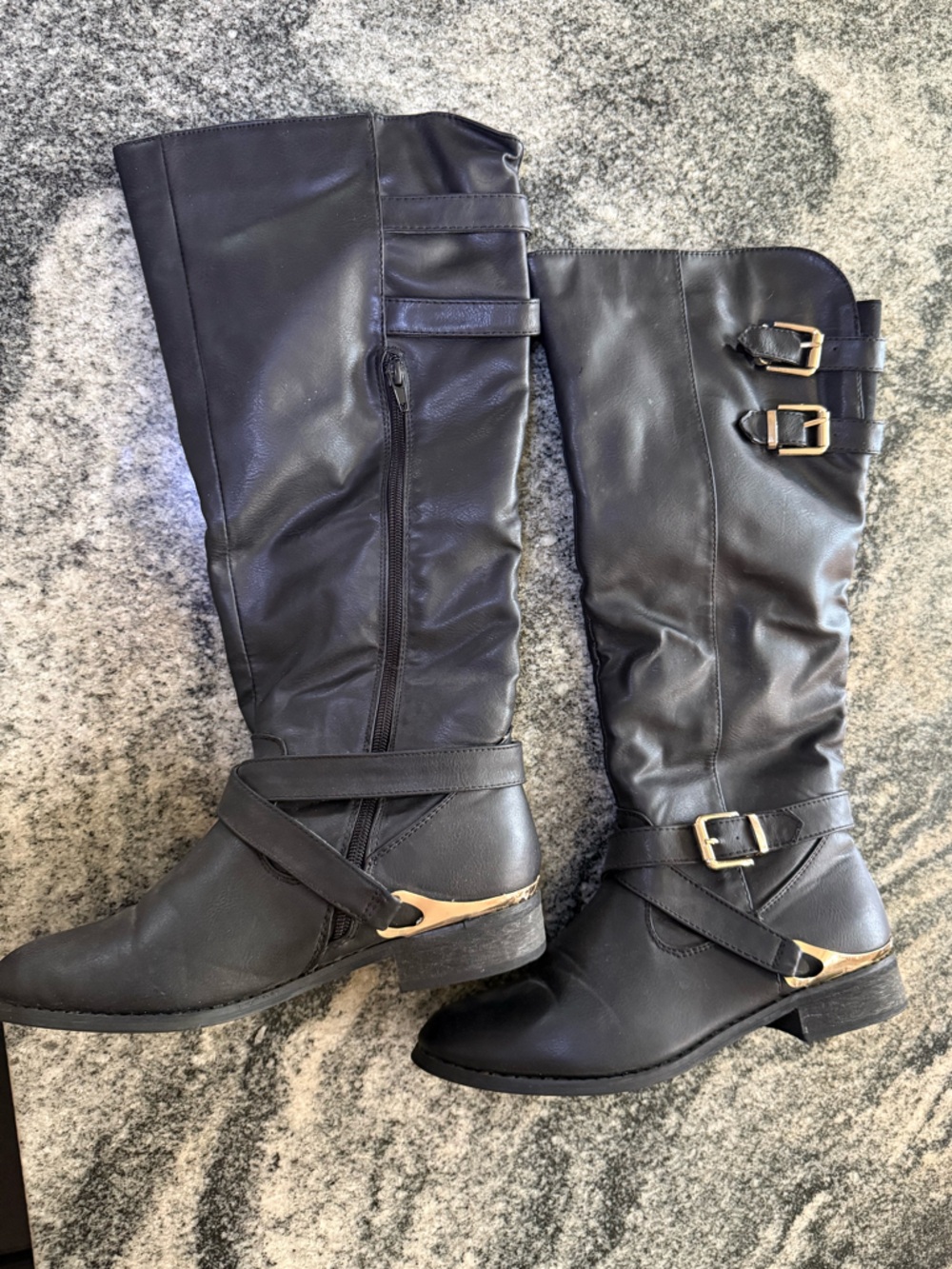 American Eagle Outfitters Black Knee-High Lace-Up Boots with Gold Buckles